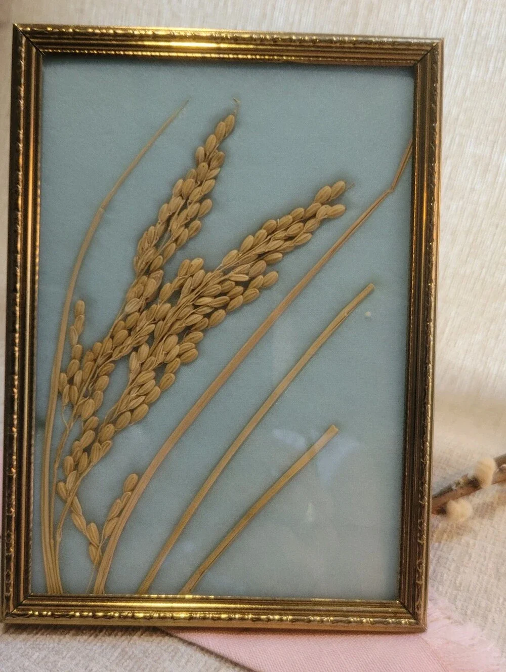 Vintage 3D Framed Pressed Rice Stalk Botanical Art - Gold Ornate Frame - MCM